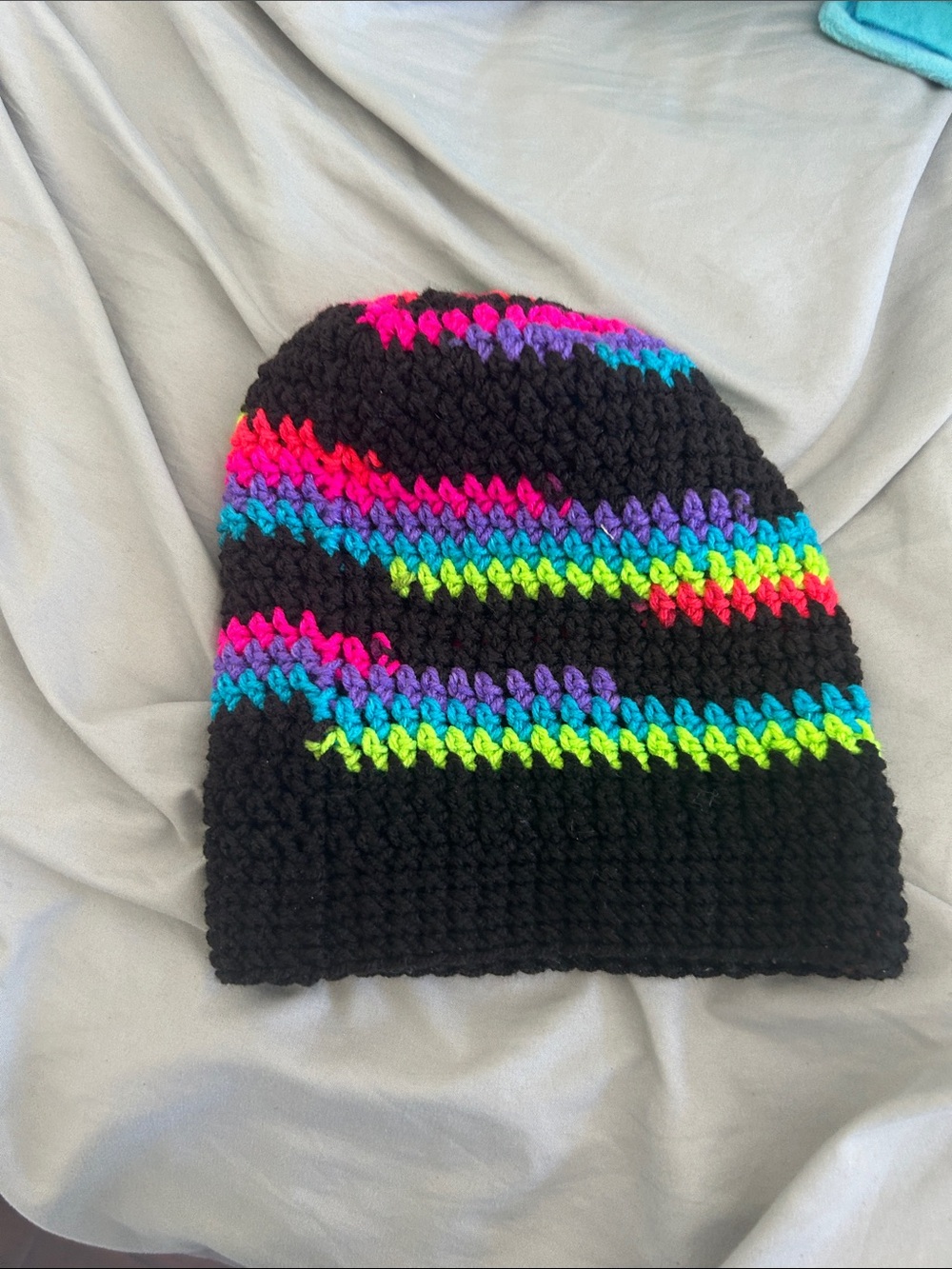 Kids Black Beanie Hat with Neon Stripe Accents